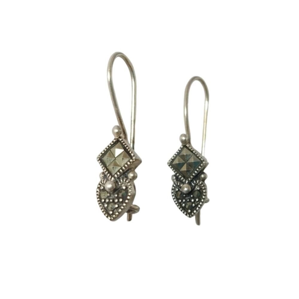 Vintage Marcasite Onyx Heart Dangle Earrings Sterling Silver 925 Hook Earwire